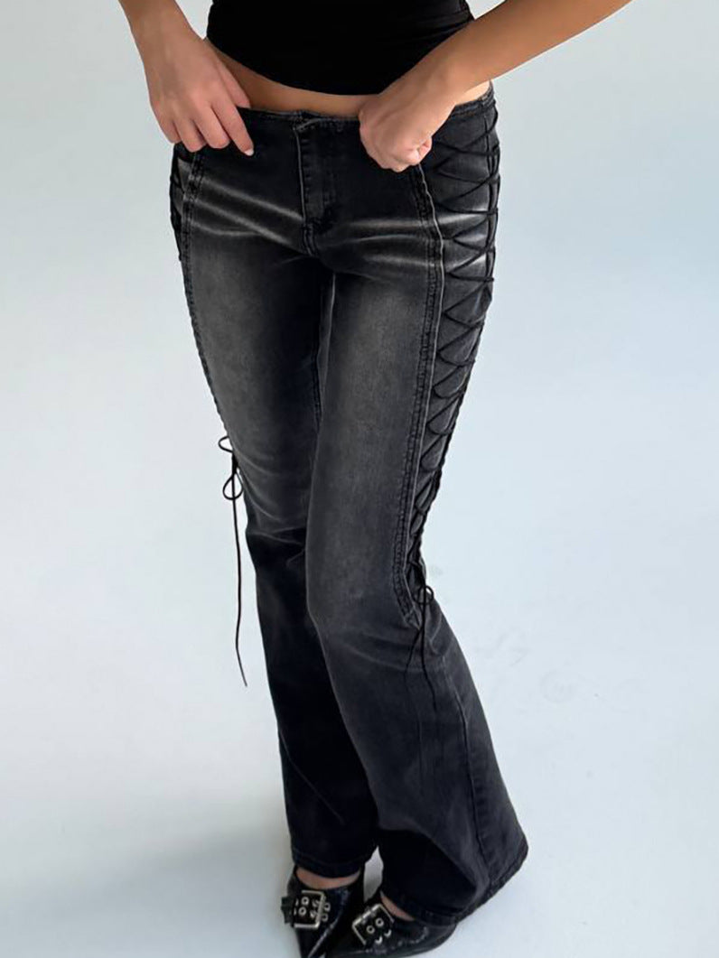 Washed Distressed Lace-Up Jeans