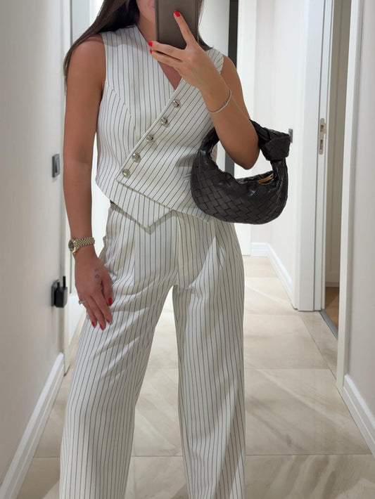 White Striped Asymmetric Cut & pants
