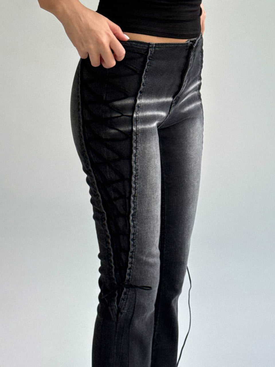 Washed Distressed Lace-Up Jeans