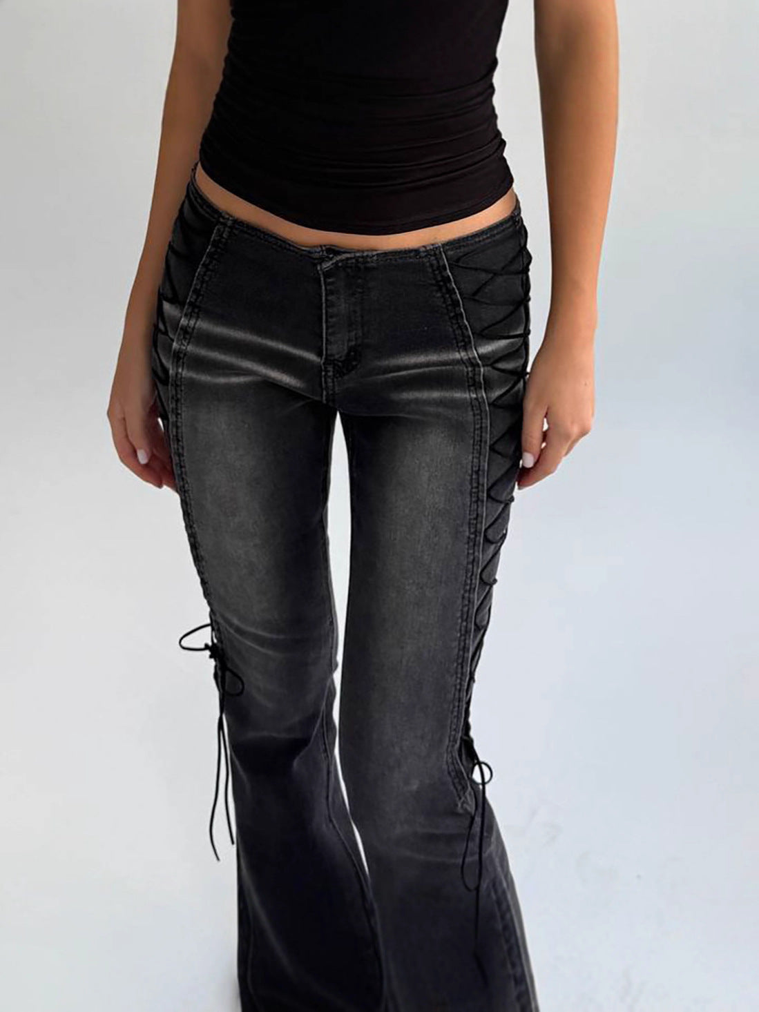 Washed Distressed Lace-Up Jeans