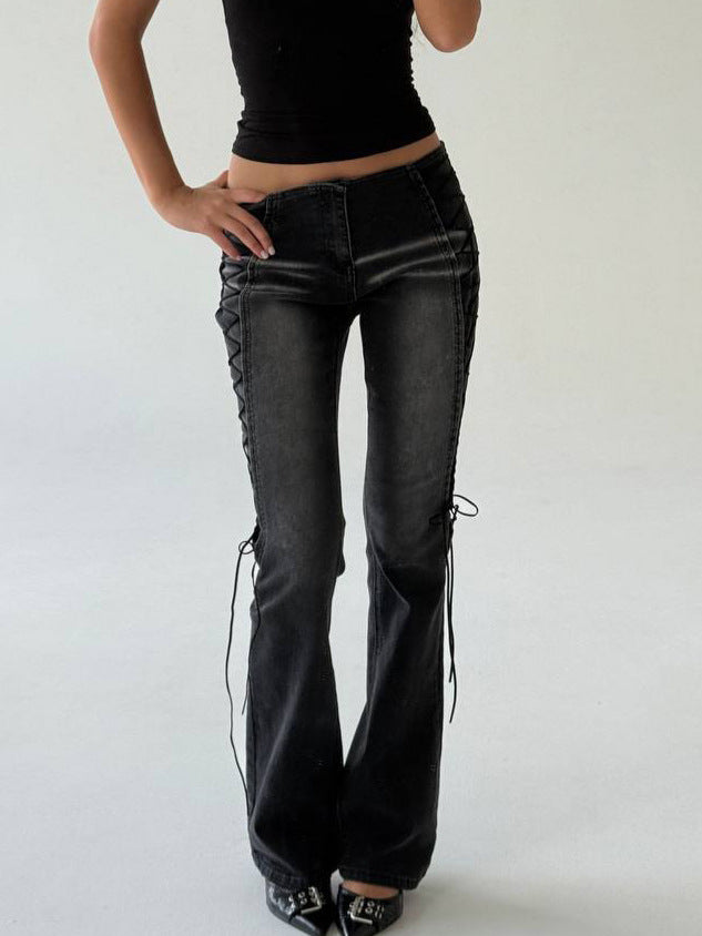 Washed Distressed Lace-Up Jeans